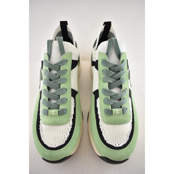 Chanel 22C Mens Green White Black Suede Knit CC Logo Low Trainer Sneaker 44 11 - Picture 6 of 13